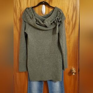 Women's Long Green Sweater with Cowl Neck And Off The Shoulder